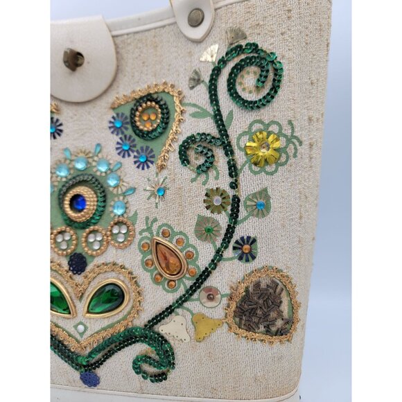1960s Tote Bag Colins Jeweled Floral Beaded Design Button Closure Wood Bottom - Picture 4 of 16